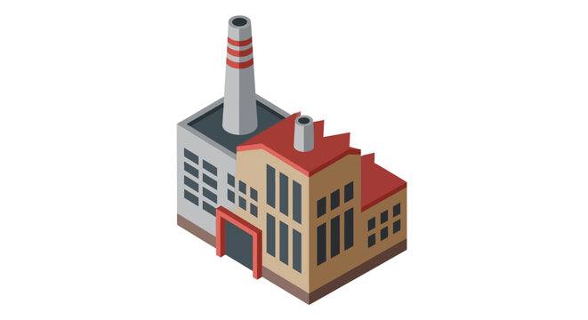 Isometric illustration of an industrial building with chimney and roof