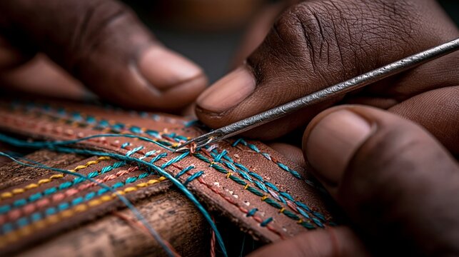 Close-up of skilled hands meticulously stitching colorful thread into textured brown leather, showcasing craftsmanship and artistry
