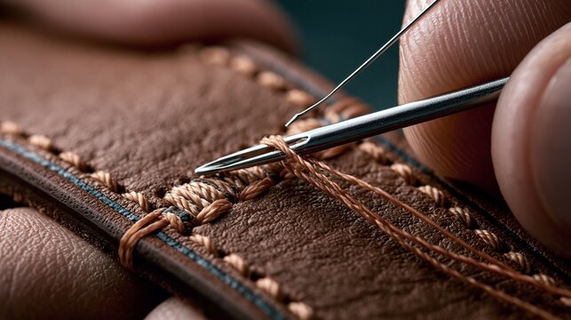 Close-up of skilled hands meticulously stitching brown leather with a needle and thread, showcasing craftsmanship and detail