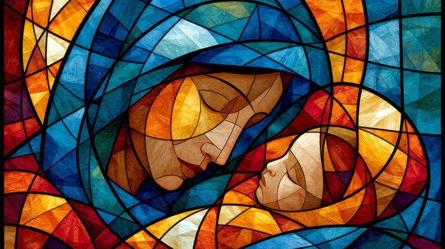 A vibrant, traditional stained-glass illustration of nativity scene Virgin Mary and baby Jesus beautiful radiant colors ideal for artistic religious Christmas card holiday background, copy space