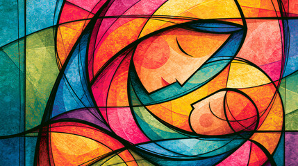 Fototapeta premium A vibrant, traditional stained-glass illustration of nativity scene Virgin Mary and baby Jesus beautiful radiant colors ideal for artistic religious Christmas card holiday background, copy space