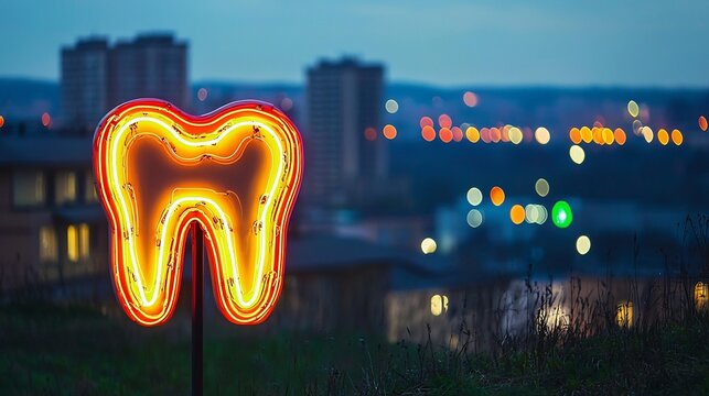 Neon Tooth Sign Glowing in Night Cityscape with Blurred Urban Background