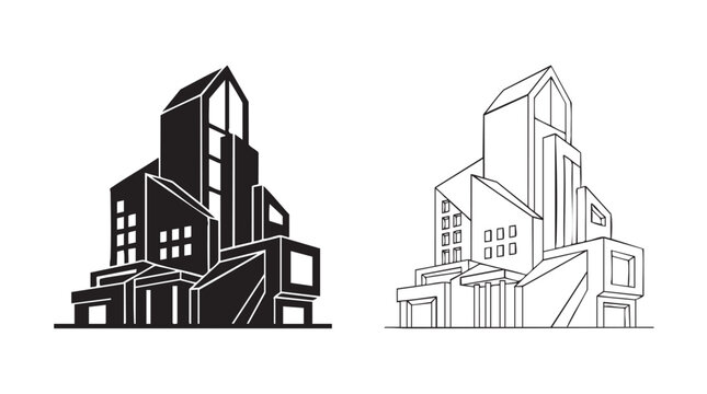 building black vector silhouette with line art pair icon and outline design