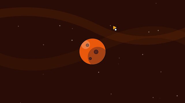 Orange planet rotates in deep space with a small yellow triangle craft moving through the stars in this animation footage