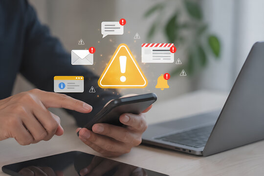 Professional receiving security warning alerts and notifications on smartphone.
