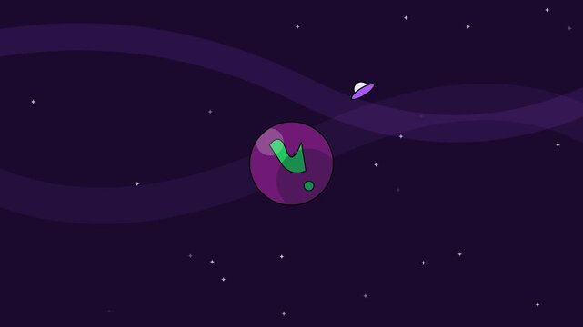 Purple planet with green markings orbits through deep space as a small flying saucer travels in this motion graphic animation