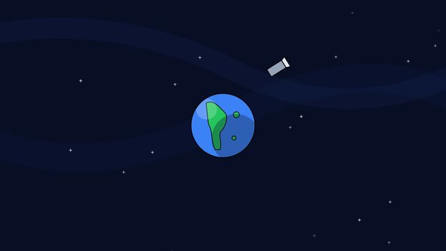 Rotating planet earth cartoon animation featuring an orbiting satellite in deep space with glowing stars and flowing nebula motion footage