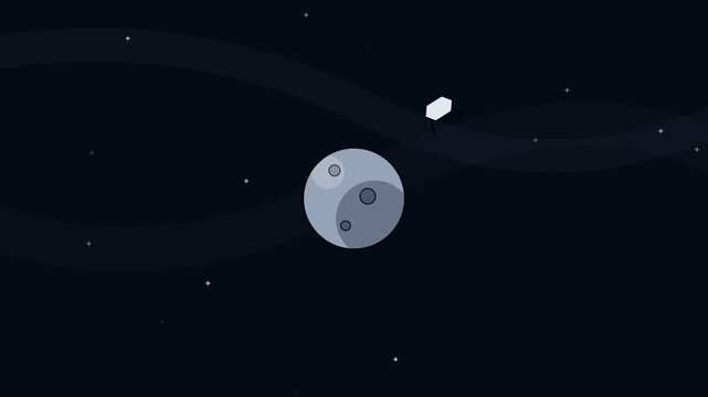 Moon orbits through a dark galaxy with twinkling stars and drifting asteroids in this smooth digital vector animation video