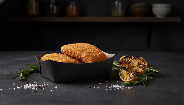 Gourmet breaded haddock on dark stone background