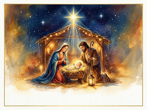 A vibrant, inspired painting illustration of nativity scene with Mary Joseph baby Jesus beautiful radiant colors with copy space ideal for artistic religious Christmas card holiday background