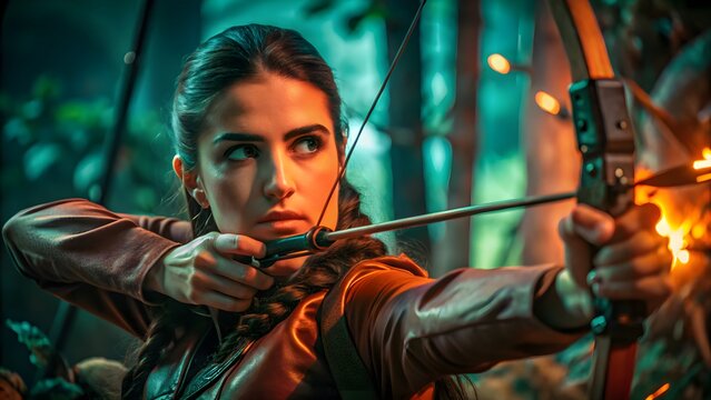 Focused female archer aiming her bow and arrow in a mysterious dark forest with adventure strength determination lighting mysterious atmosphere portrait lifestyle competition precision