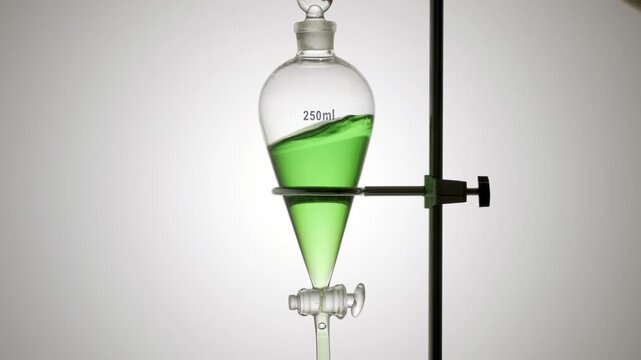 Close-up of a separatory funnel being swirled with green transparent fluid causing it to wave along the inner walls set on a grey pedestal background | Isopropyl alcohol cosmetic components concept
