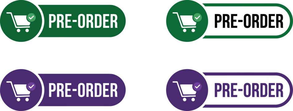 Set of four modern pre-order web buttons with shopping cart icons for online store interface.