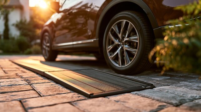 Stylish black suv parked on a brick driveway at sunset, showcasing modern automotive design and luxurious lifestyle appeal