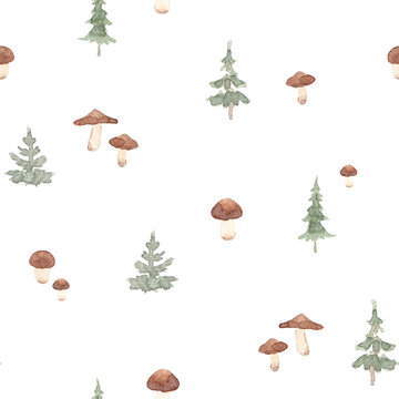 Minimal Watercolor Woodland Seamless Pattern with Pine Trees and Mushrooms