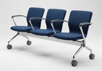 Obraz premium Modern three seat blue office bench with chrome armrests and wheels