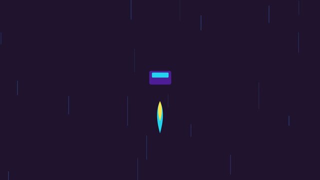 Digital rocket ship ascends through the dark void in this stylized two dimensional vector animation motion graphic video clip project