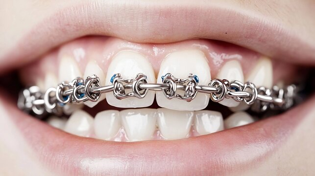Detailed View of Metal Orthodontic Braces with Silver Brackets on White Teeth