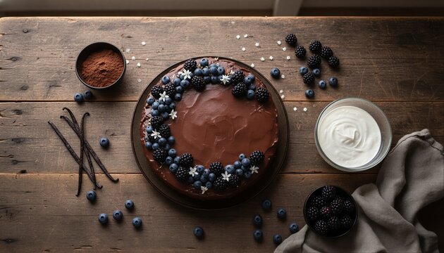 Artisanal chocolate berry cake with raw ingredients