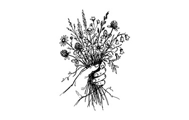 Fototapeta premium Hand Holding Wildflower Bouquet Ink Sketch Vector Botanical Illustration
