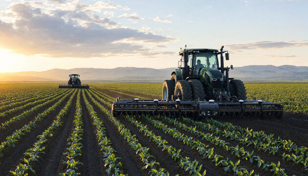 Modern tractors working in a large agricultural field at dawn with green crops and distant hills on the horizon agriculture machinery cultivation agricultural equipment planting industry