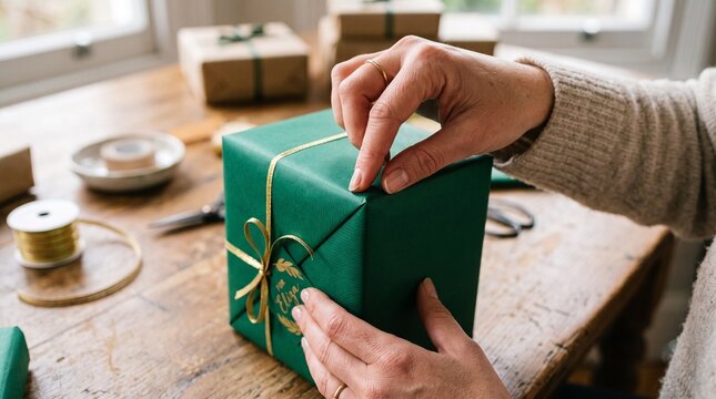 Joyful young girl with braided hair opens a star shaped yellow gift box tied with a satin ribbon, receiving a surprise end of year vacation