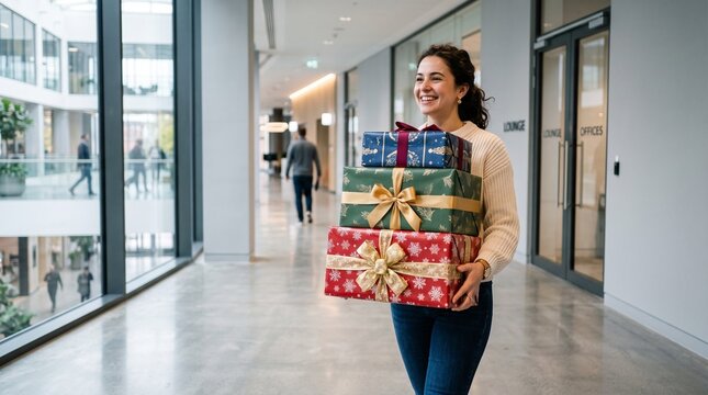 Man happily receives a gift wrapped in newspaper with a tag saying For Liam in a cozy cafe end of year vacation