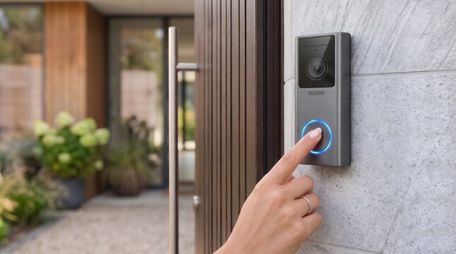 Close up of a hand ringing an electronic security smart doorbell on a modern tiled wall.