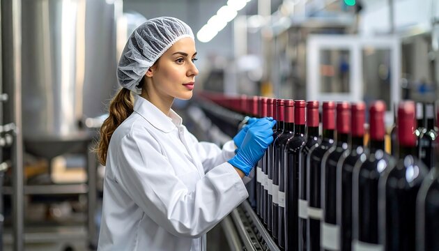 Woman in white coat and hairnet inspecting wine bottles on a production line.