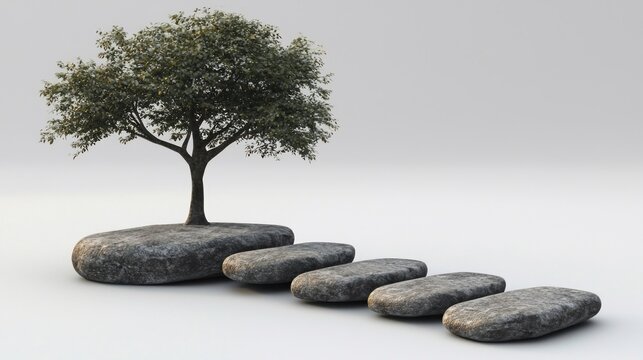 Tree on rock steps outdoors.