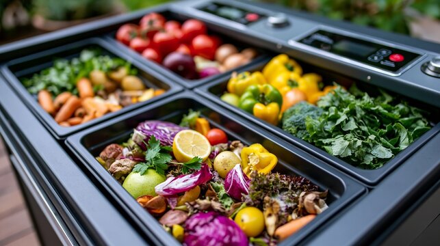 Fresh produce in a smart refrigerator, showcasing vibrant vegetables and ripe tomatoes for healthy eating and modern kitchen design