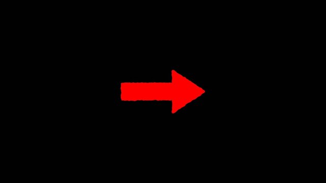 Red hand drawn bouncing arrow pointing right, black background animated sketch indicator loop