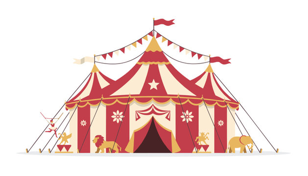 Traditional circus tent features decorative floral patterns with an acrobat, a lion, and an elephant standing in front.