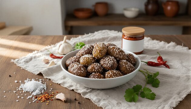 Canarian potatoes with red mojo on rustic table