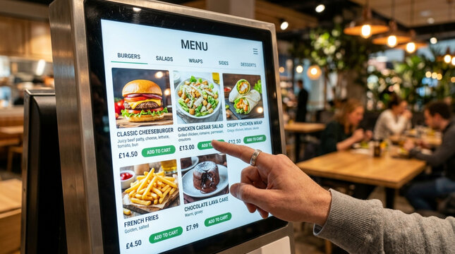 Customer orders food from digital menu kiosk in a modern restaurant cafeteria