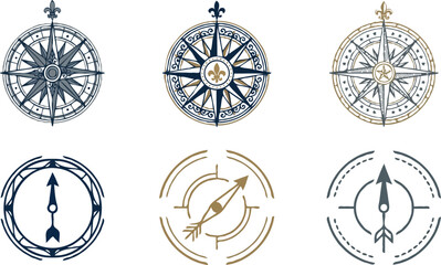 Vintage nautical compass rose vector icon set featuring antique map design elements with elegant fleur de lis and modern minimal direction arrow line icons. © MstRowshanAra