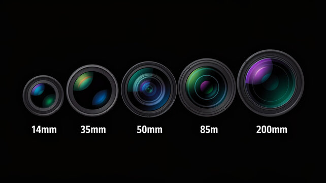 Educational graphic showing camera lens focal length comparison, stylized design