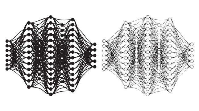 black vector silhouette with line art pair icon of deep learning layers