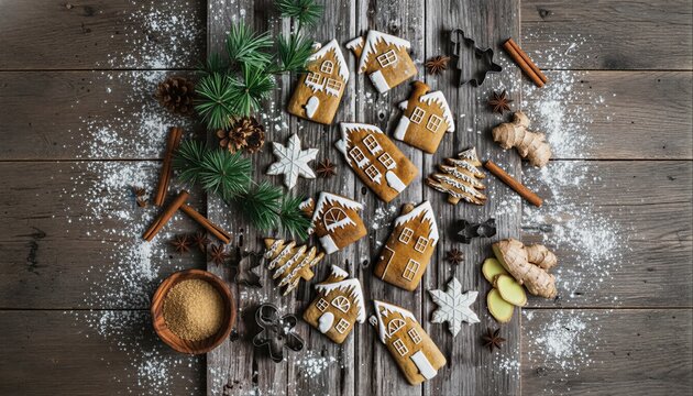 Christmas gingerbread cookies with spices on rustic wood
