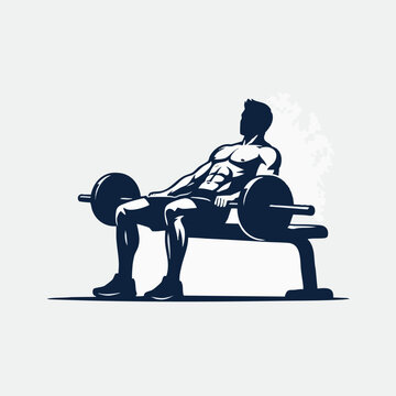 Illustration of a person performing a barbell hip thrust exercise on a bench in a gym with exercise training muscular strength bodybuilding lifestyle physical silhouette minimalist technique
