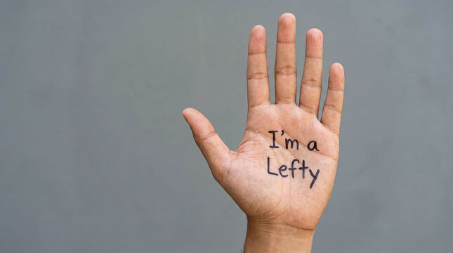 Left-handed person holding up palm with lefty message