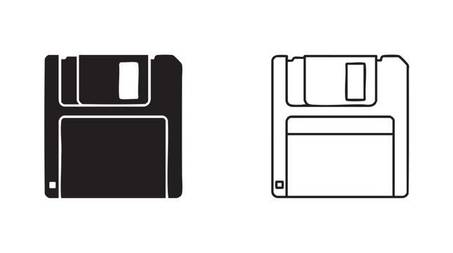 black vector silhouette with line art pair icon of floppy disk