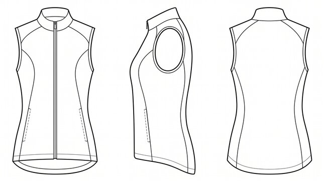 Women's Sleeveless Vest Jacket Technical Flat Sketch Template - Front, Back, and Side Views
