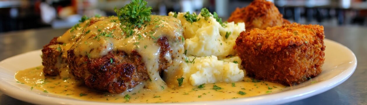 A plate of Salisbury steak topped with creamy gravy, served with mashed potatoes and crispy fried hush puppies, garnished with parsley.