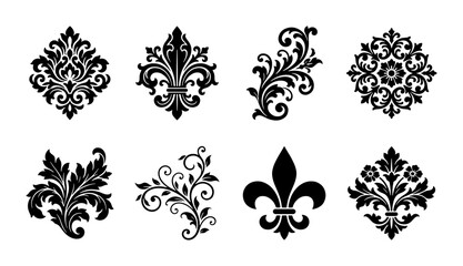 Elegant Black Flourish Ornaments, Royal Fleur de Lis Vector Set, Decorative Swirl Accents © Suma