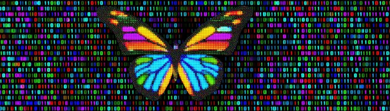 Colorful butterfly formed by digital binary code on a black background, symbolizing technology, transformation, and data visualization.