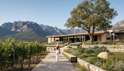 Fototapeta premium Woman strolling along a rustic path through a terraced vineyard towards a high-end mountain villa with nature lover strolling vineyard mountains lifestyle vacation outdoors landscape