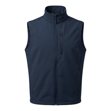 Dark blue sleeveless vest jacket for men or women with high collar and zipper isolated on transparent background