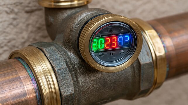 Close-up of a copper pipe with a digital thermometer displaying 20.3 degrees celsius, showcasing industrial plumbing and temperature monitoring