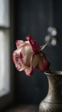 A delicate, pale pink and red wilting rose, drooping in an aged metal vase, positioned by a window, symbolizing weakness and the essence of iron deficiency anemia, a serious blood disorder
